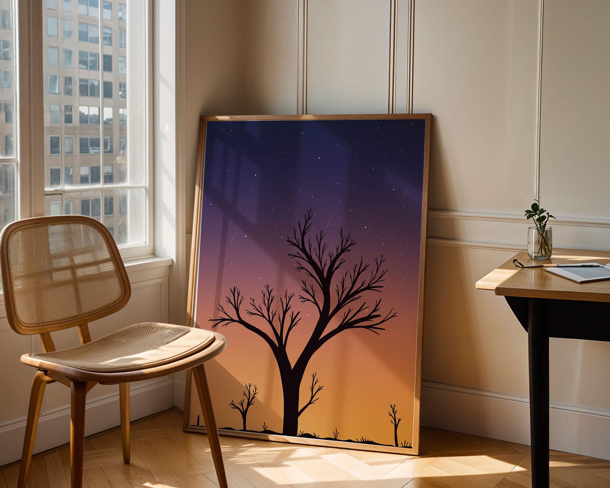 Silhouette Of Tree Against Stunning Sunset Sky With Stars
