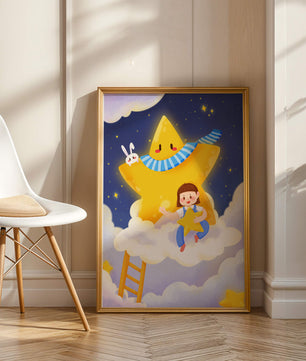 Enfant fantaisiste assis sur un nuage avec une étoile et un lapin dans le ciel nocturne