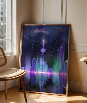 Futuristische Skyline mit leuchtenden Türmen unter sternenklarer Nacht
