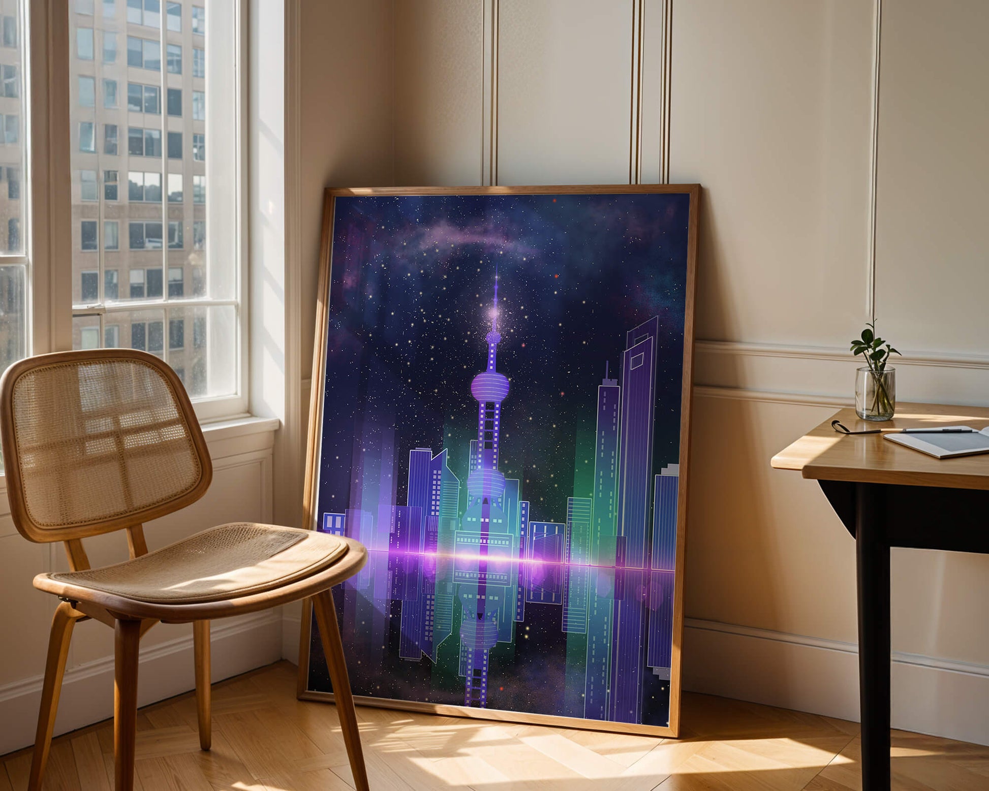 Futuristische Skyline mit leuchtenden Türmen unter sternenklarer Nacht