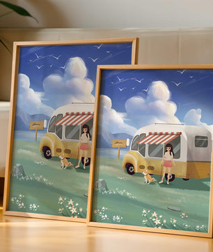 Girl with dog by camper van in serene nature setting