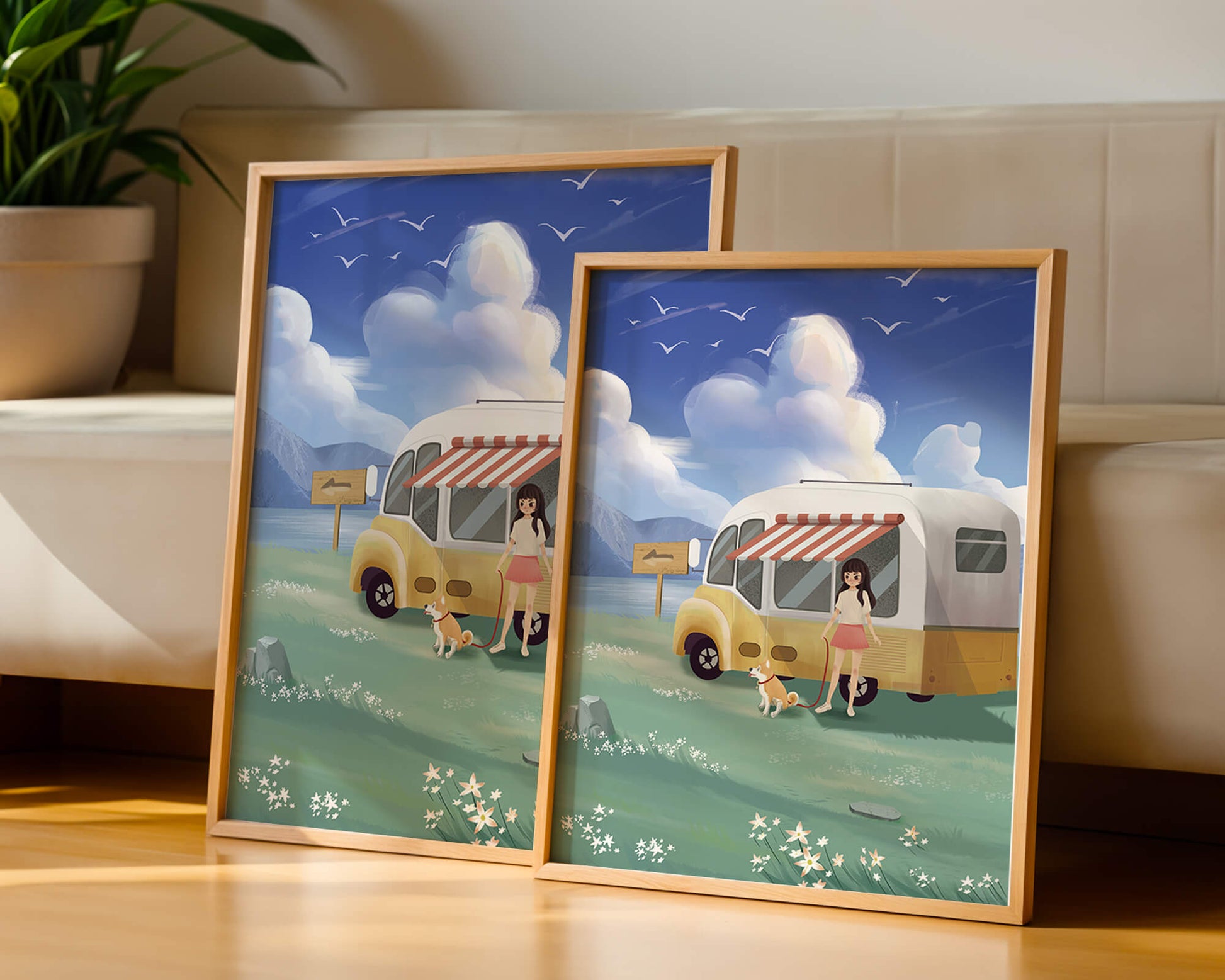 Girl with dog by camper van in serene nature setting