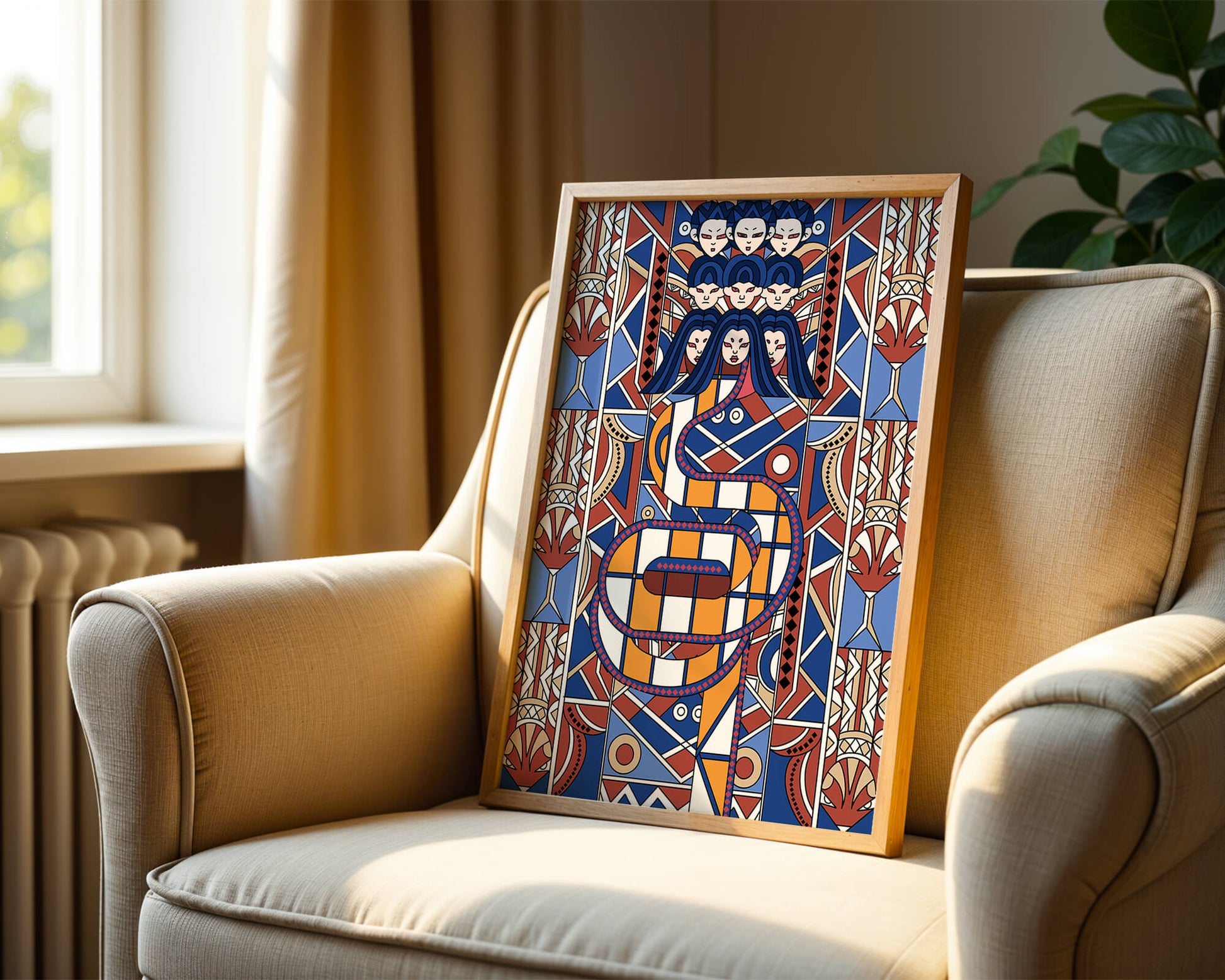 Patrón geométrico Art Decó con rostros y diseño simétrico