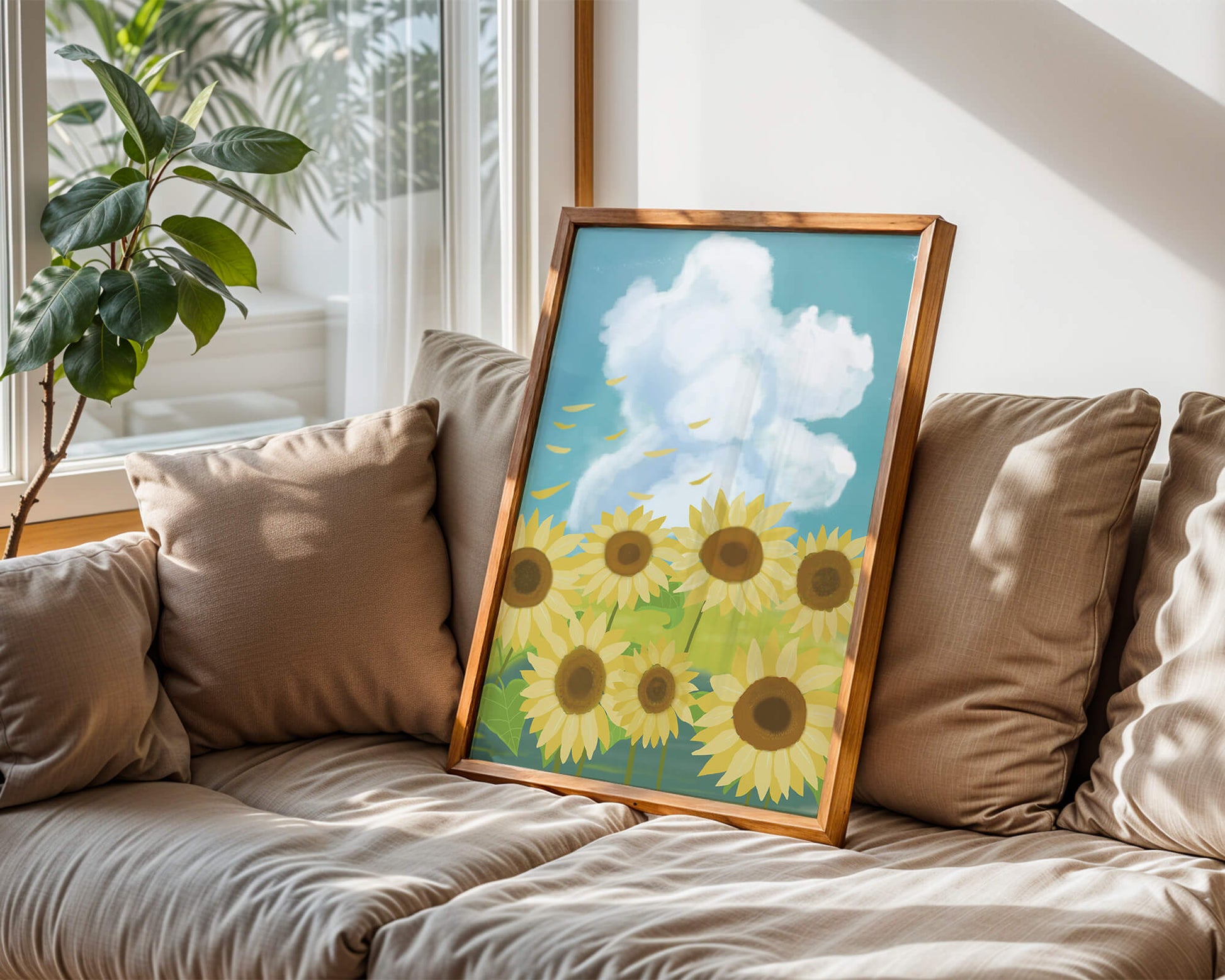 Girasoles en un prado brillante con cielo azul y nubes