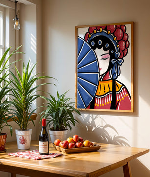Traditional Asian opera character with fan and decorative headpiece