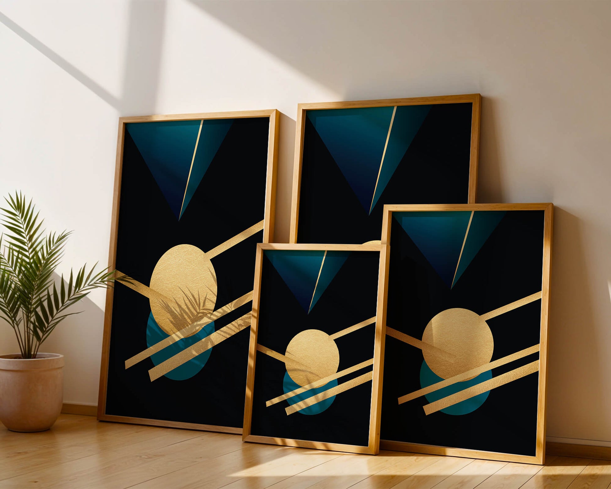 Abstract Geometric Composition with Gold and Blue Elements