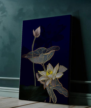 Elegant Lotus Flower with Gold Accents on Deep Blue Background