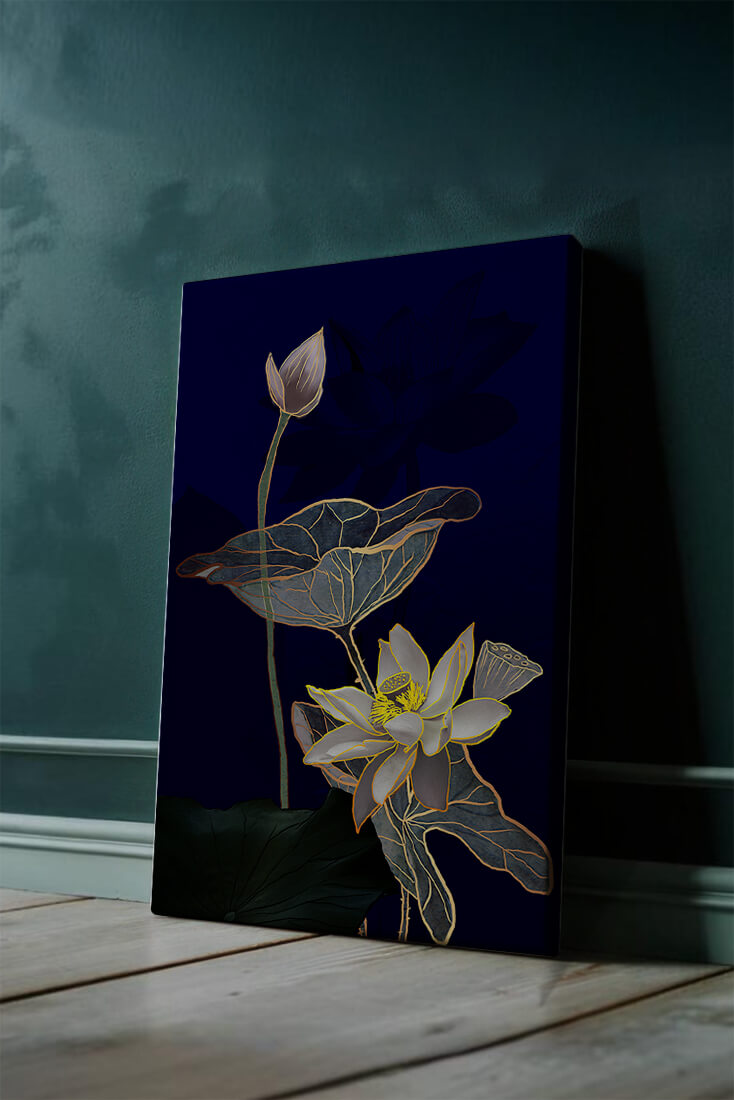 Elegant Lotus Flower with Gold Accents on Deep Blue Background