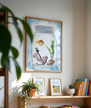 Watercolor illustration of marine life in a jar with a clownfish