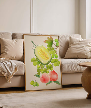 Ilustración de frutas vibrantes que incluye uvas, melón y duraznos