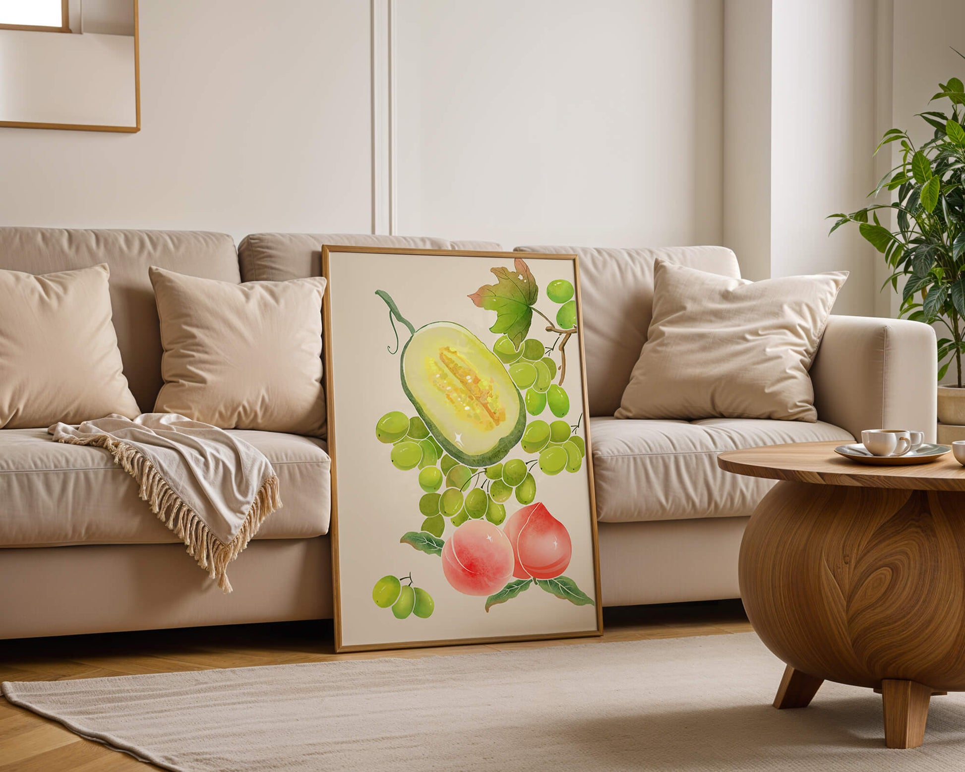 Ilustración de frutas vibrantes que incluye uvas, melón y duraznos