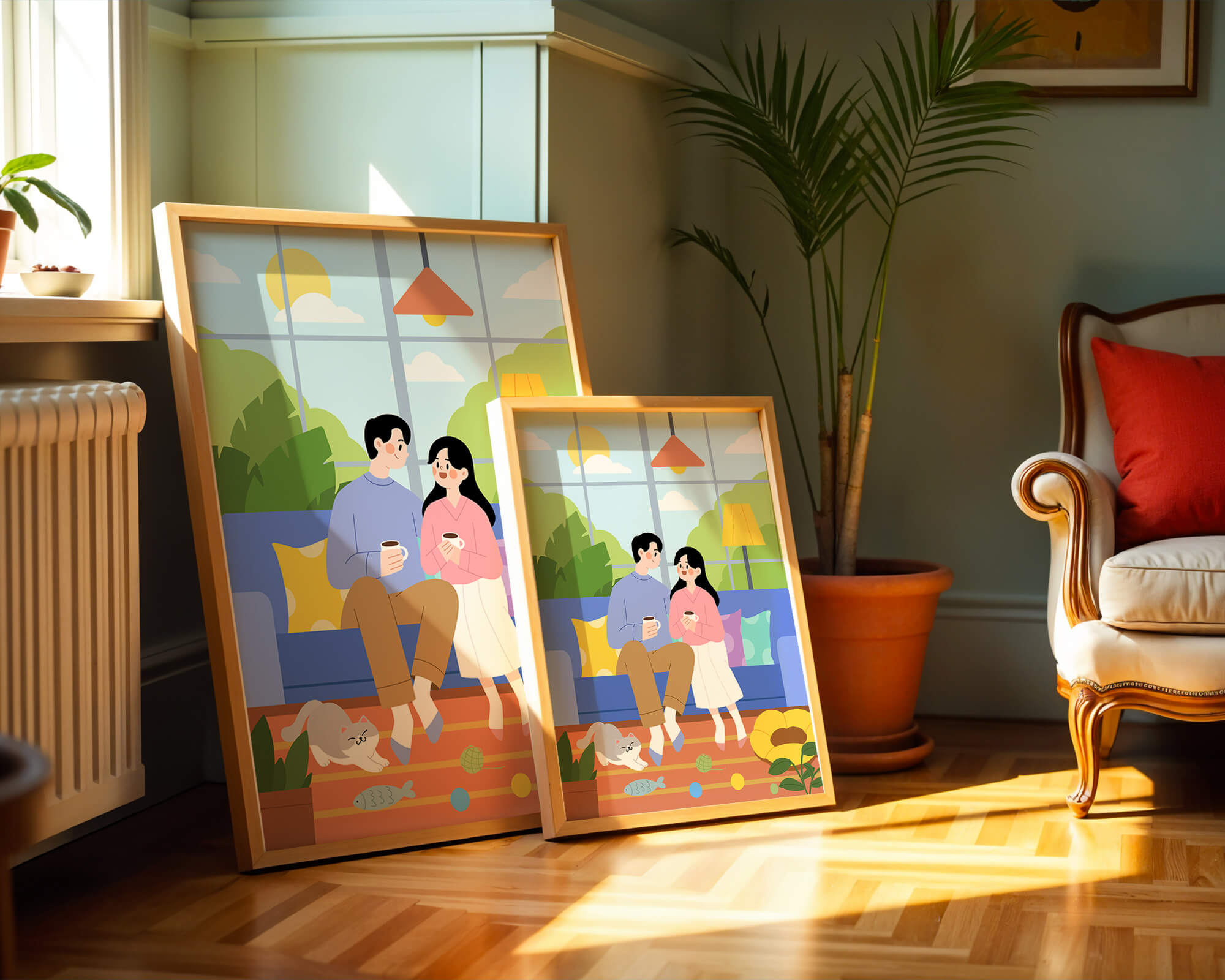 Cozy living room scene with couple and playful cat
