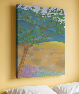 Paisaje pintoresco con árbol vibrante y fondo colorido