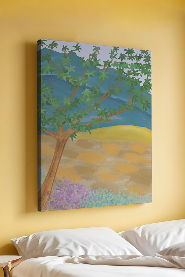 Paisaje pintoresco con árbol vibrante y fondo colorido