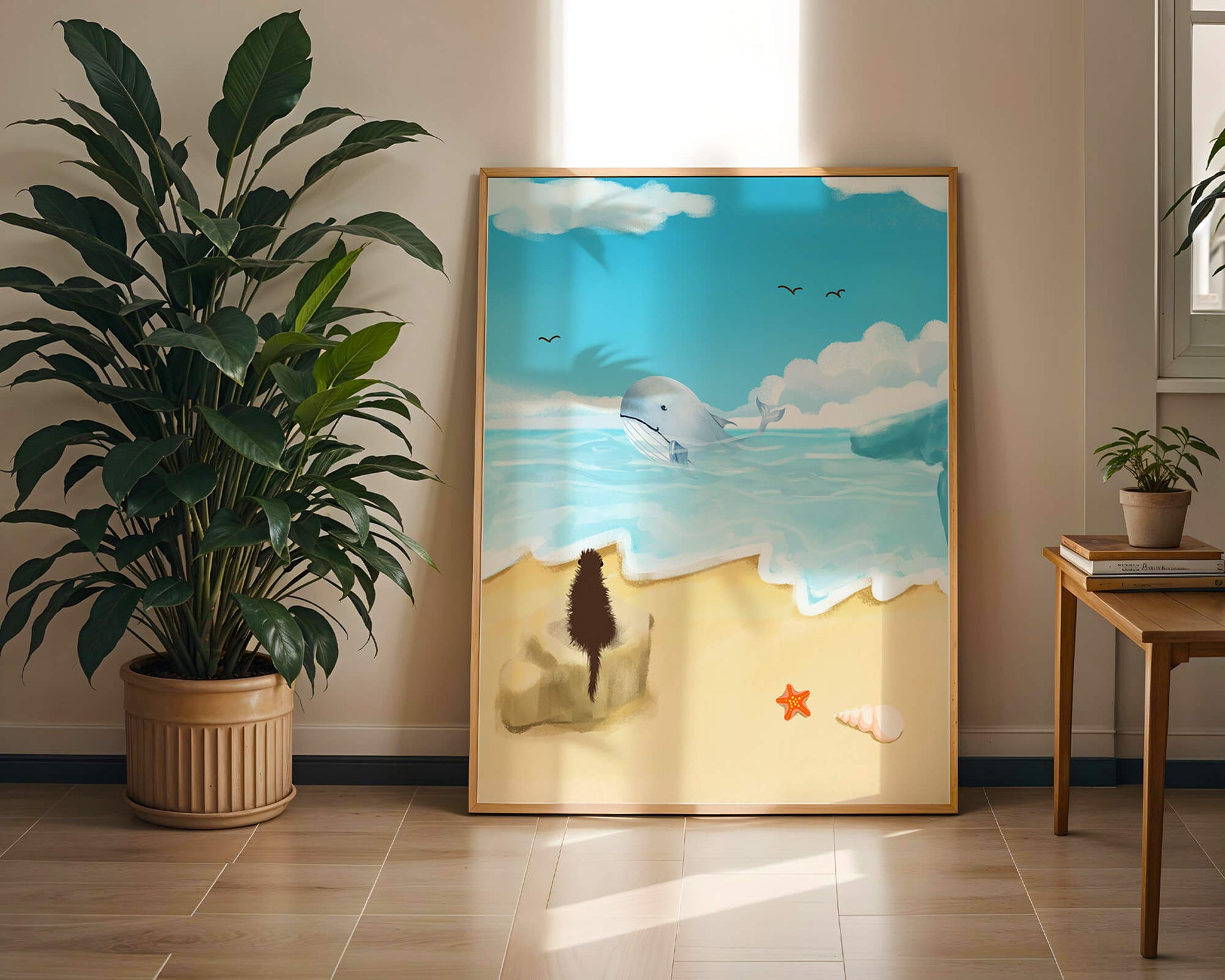 Vista al océano con ballena y elementos de playa