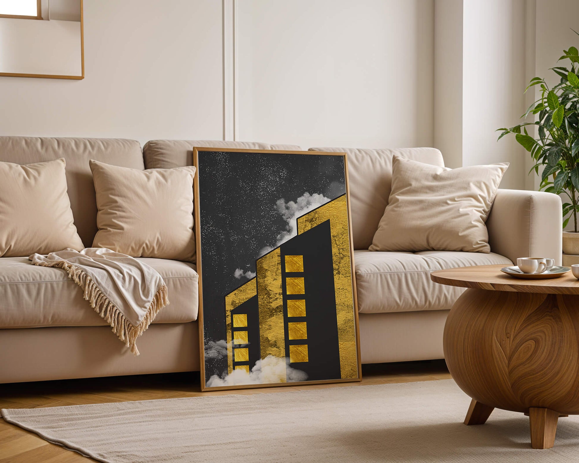 Artistic architectural illustration with golden elements and night sky