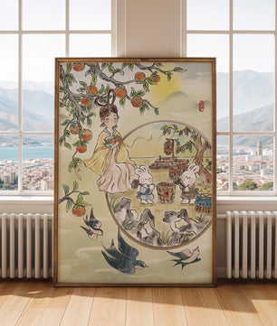 Charmante orientalische Szene mit Kaninchen, Mädchen und Kumquats in der Natur