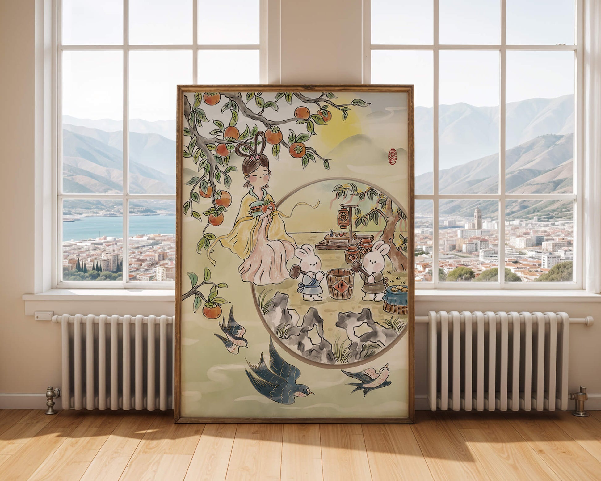Charmante orientalische Szene mit Kaninchen, Mädchen und Kumquats in der Natur