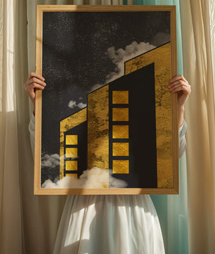 Ilustración arquitectónica artística con elementos dorados y cielo nocturno