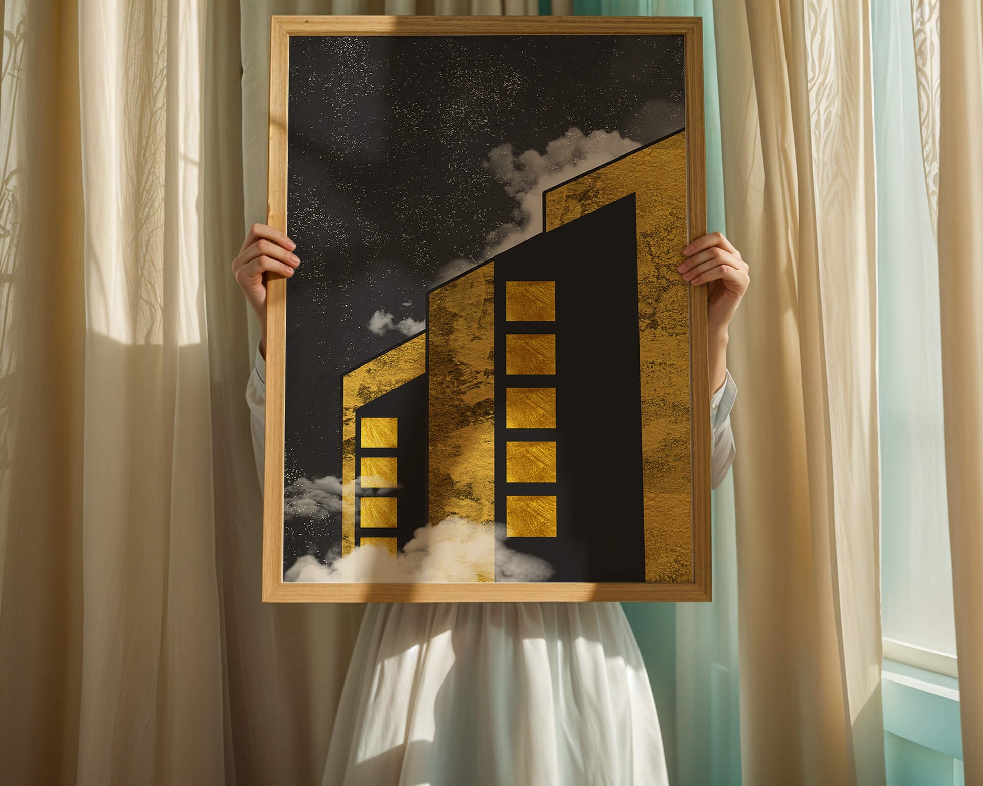 Artistic architectural illustration with golden elements and night sky