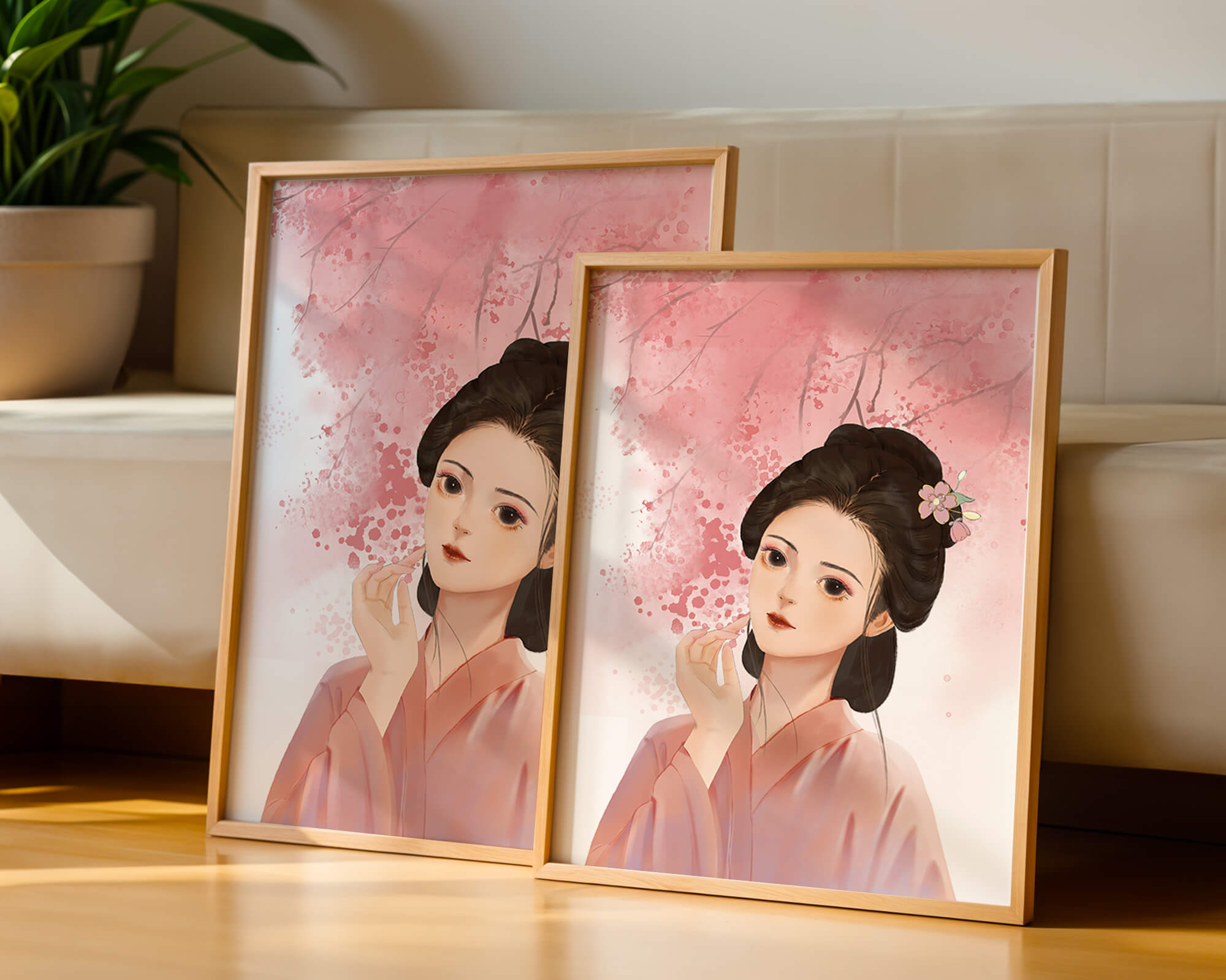 Traditional Japanese woman with pink cherry blossoms in the background