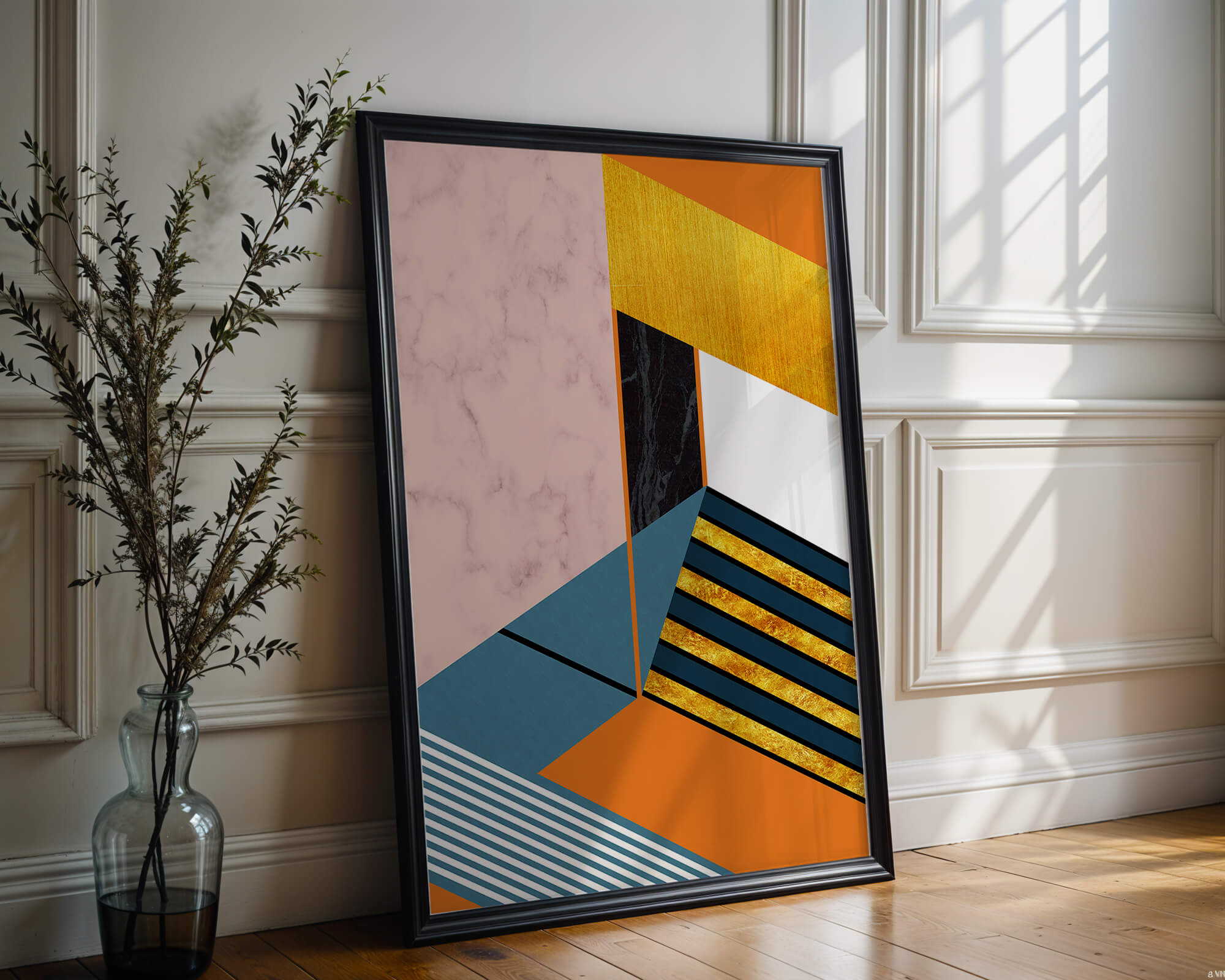 Abstract geometric design with marble and gold textures