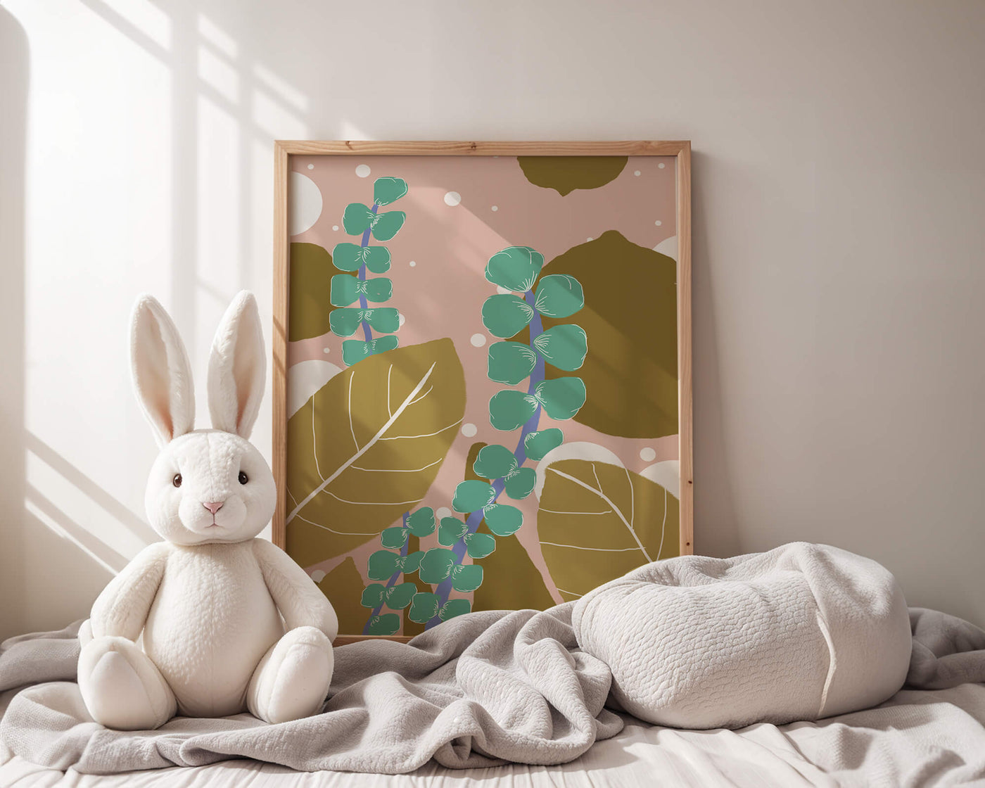 Abstract botanical design with green and golden leaves
