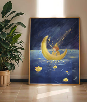Voyage nocturne magique avec une fille dans un bateau-lune doré