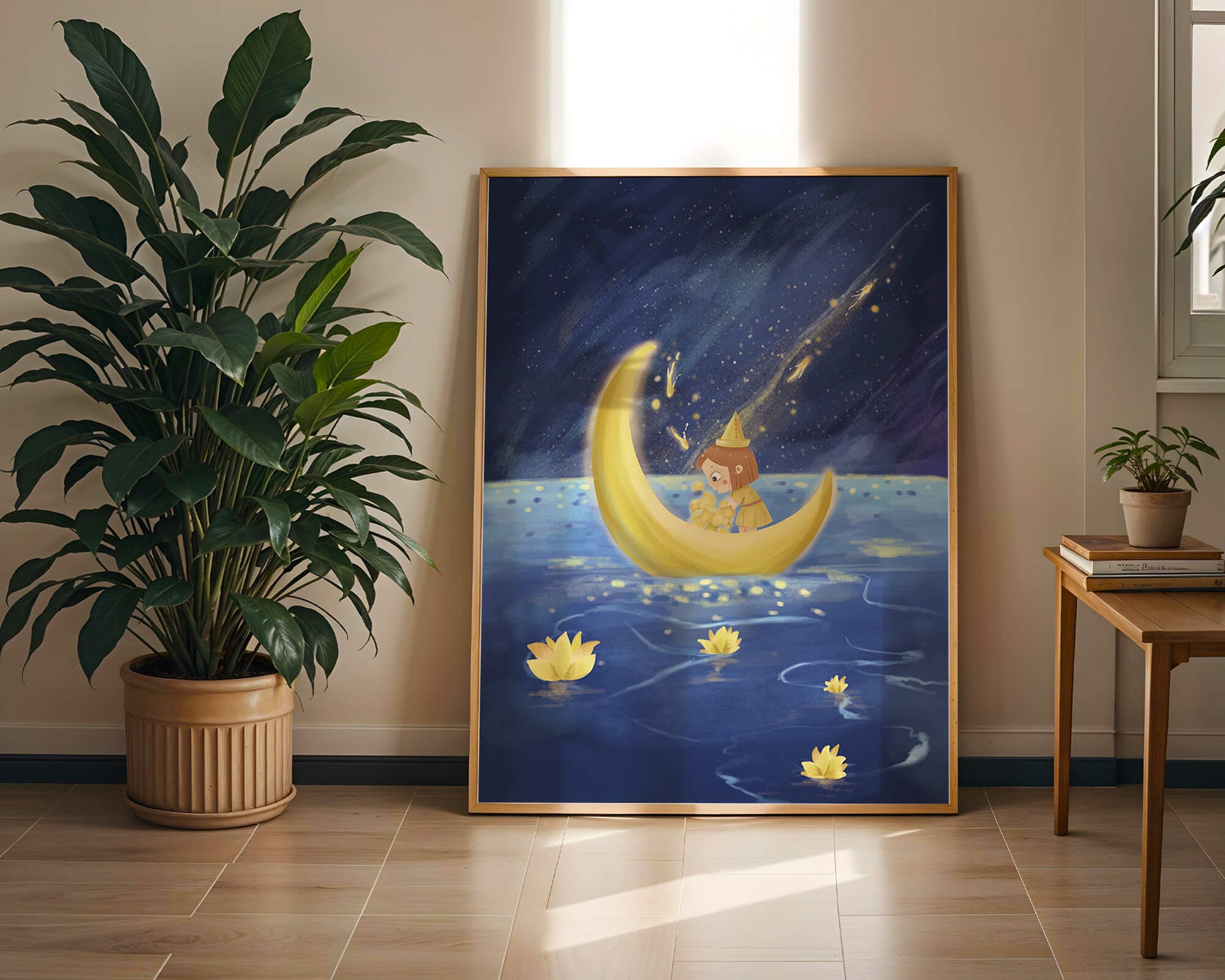 Magical Night Journey with Girl in Golden Moon Boat