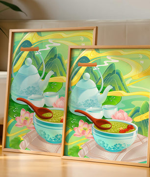 Tea ceremony with teapot and tea bowls amidst nature scenery