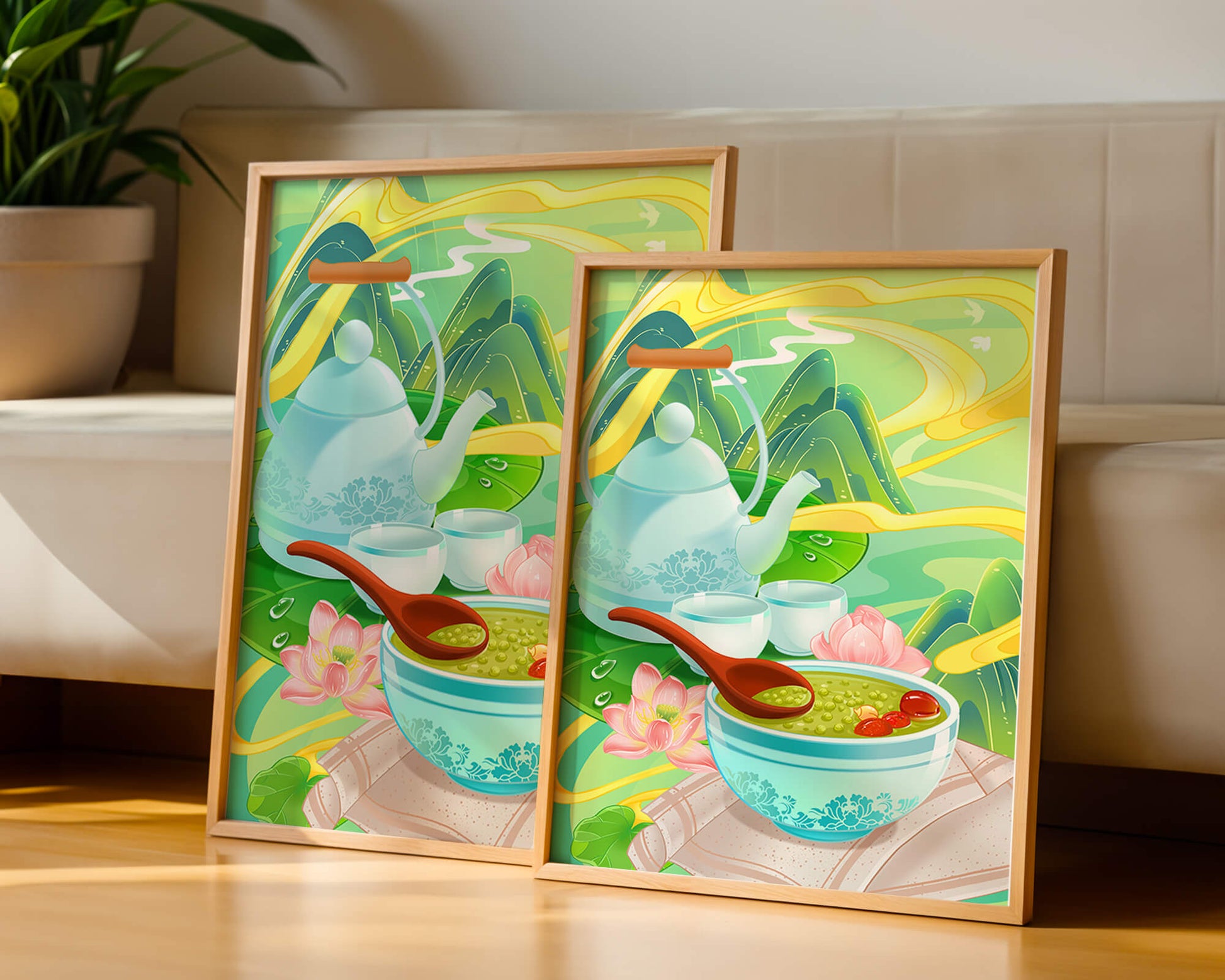 Ceremonia del té con tetera y cuencos de té en medio de un paisaje natural.