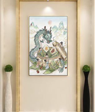 Dragon and Steamed Dumplings with Children in a Mountainous Landscape