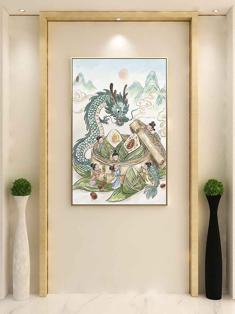 Dragón y dumplings al vapor con niños en un paisaje montañoso