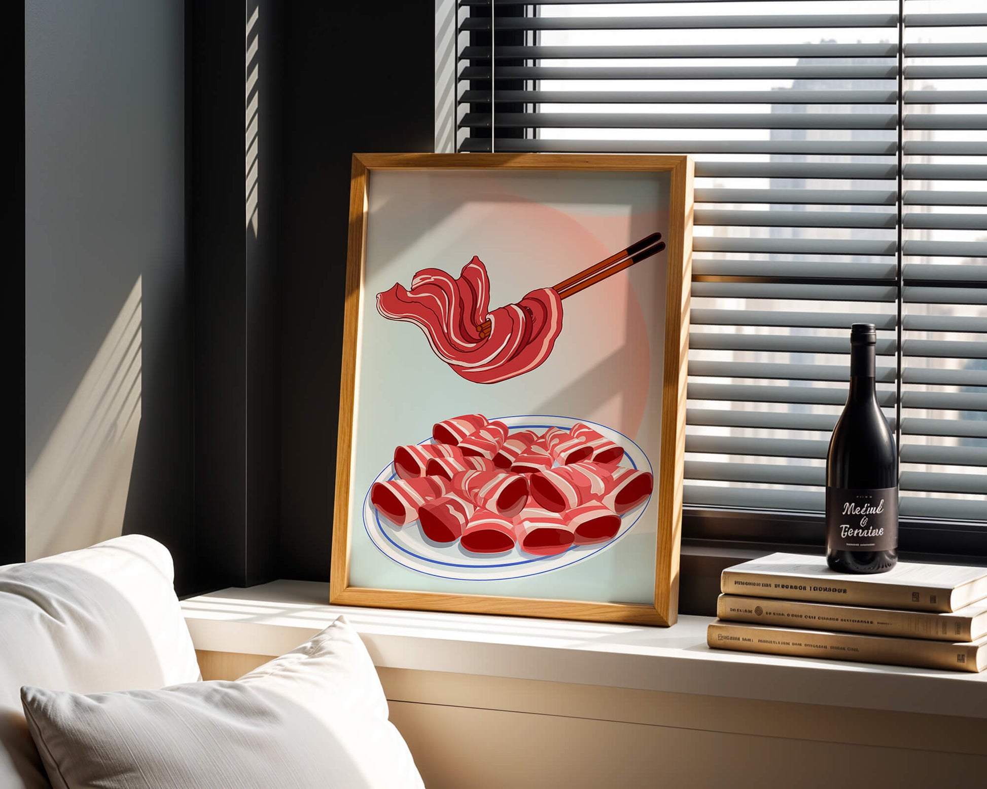 Delicious raw meat slices on plate with chopsticks in background