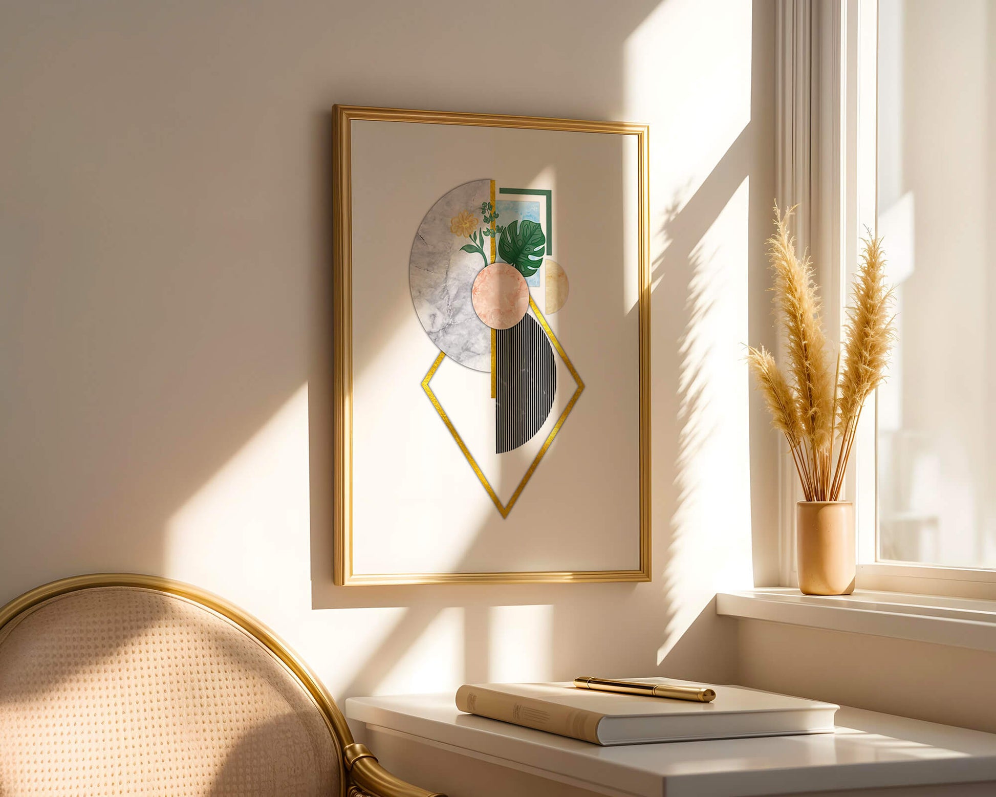 Abstract geometric art with floral and gold accents