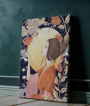 Illustration élégante d'une femme avec des éléments floraux sous la lumière de la lune