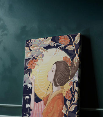 Elegant illustration of a woman with floral elements under the moonlight