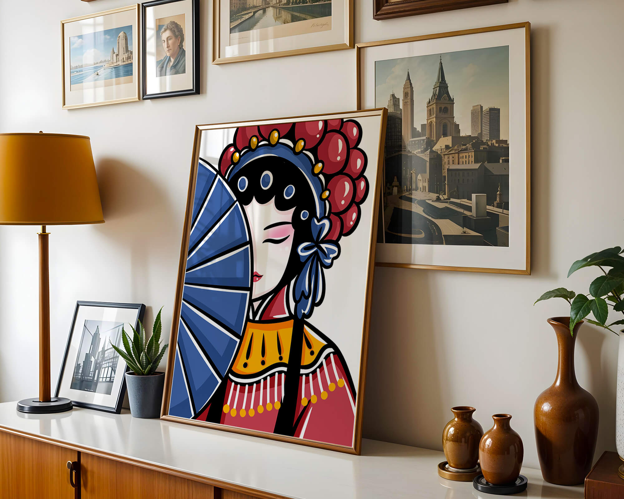 Traditional Asian opera character with fan and decorative headpiece