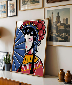 Traditional Asian opera character with fan and decorative headpiece