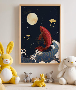Ilustración artística de peces koi saltando sobre las olas bajo la luz de la luna