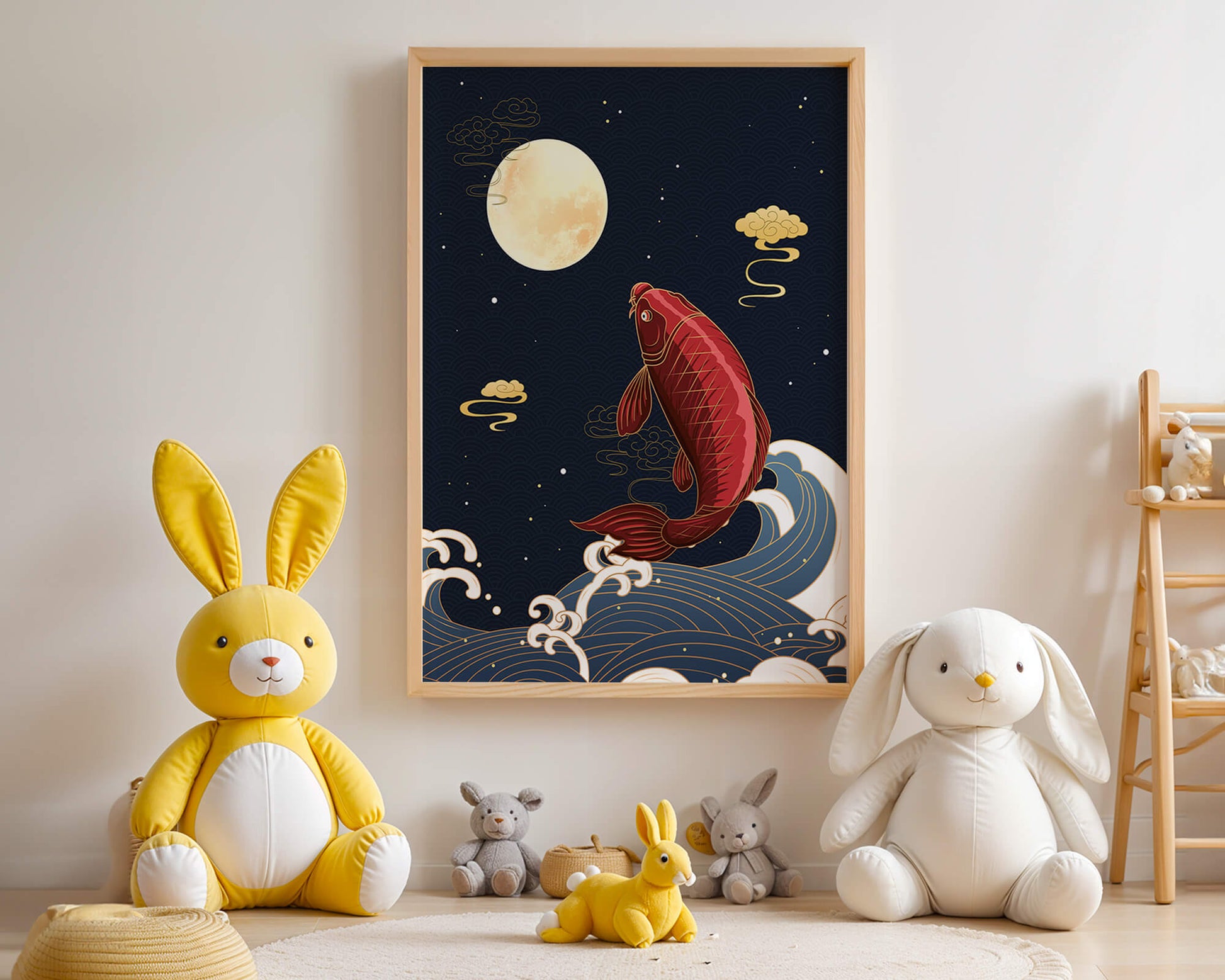 Artistic illustration of koi fish jumping over waves under moonlight