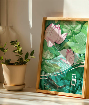 Illustration nature sereine avec fleurs de lotus et vie aquatique