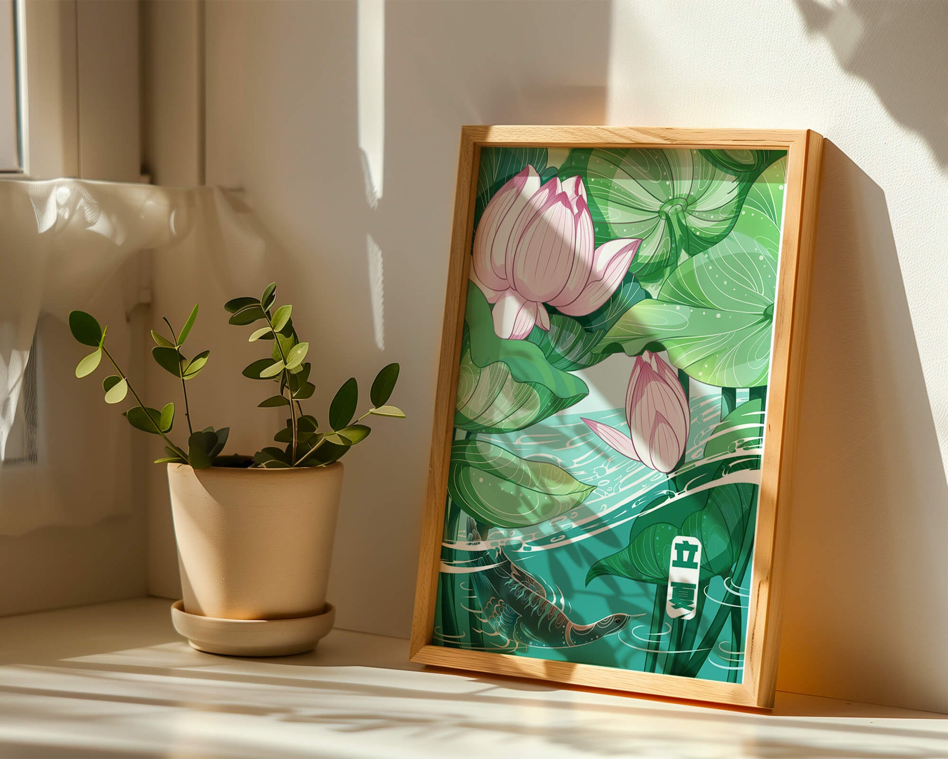 Ilustración de la naturaleza serena con flores de loto y vida acuática