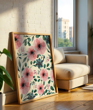 Patrón acuarela floral con flores rosas y hojas verdes
