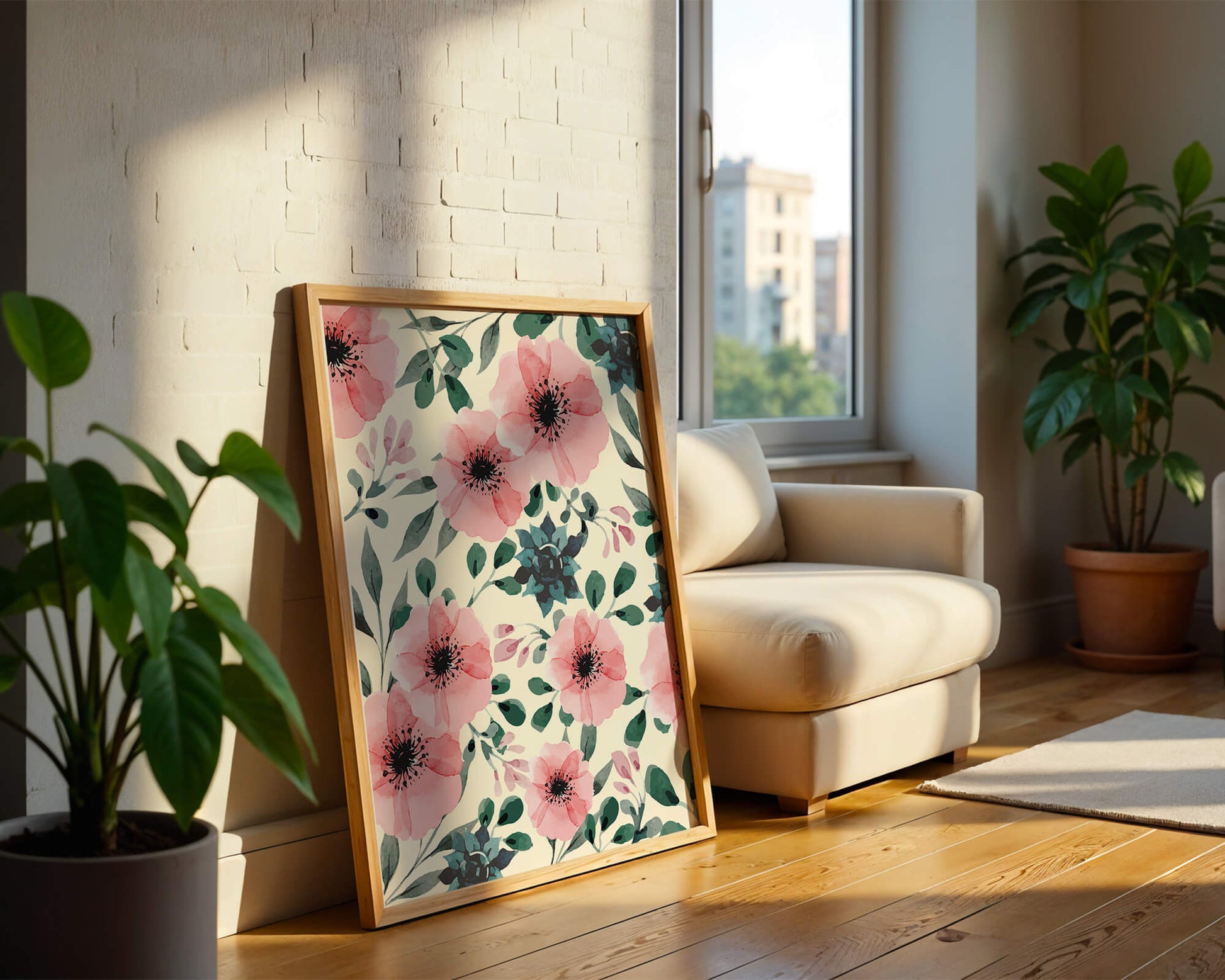 Floral Watercolor Pattern with Pink Flowers and Green Leaves