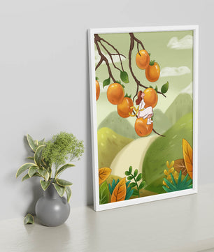Femme assise sur un fruit orange dans un paysage surréaliste