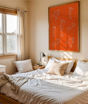 Geometrische Tiermuster auf leuchtend orangefarbenem Hintergrund