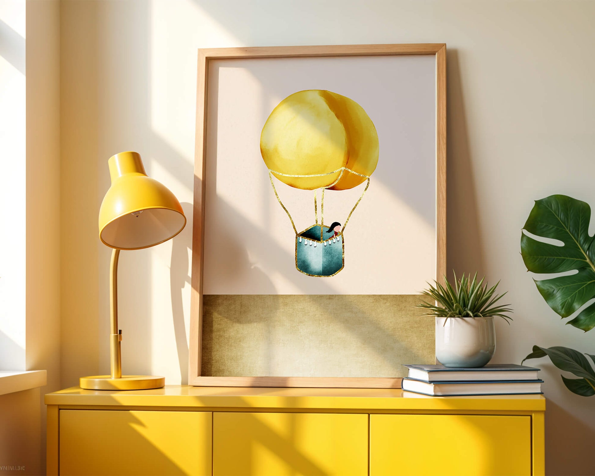 Charming Hot Air Balloon Illustration with Golden Accents