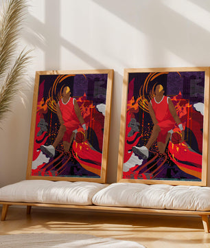 Ilustración dinámica de un jugador de baloncesto en movimiento con patrones abstractos