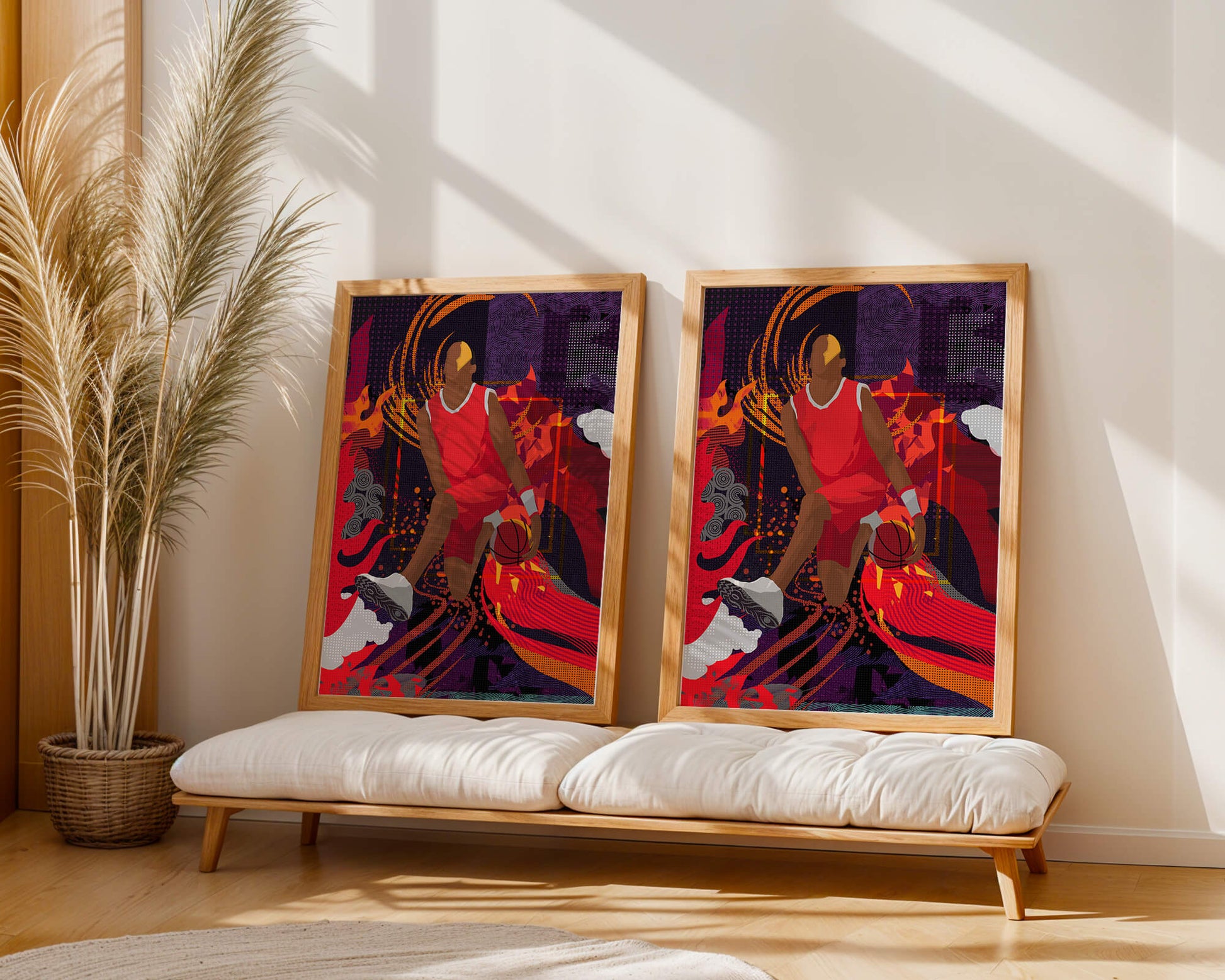 Dynamic illustration of a basketball player in motion with abstract patterns